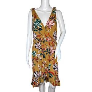 A New Day Dress Women Large Mustard Yellow White Floral‎ Flower Ruffle Bloomcore